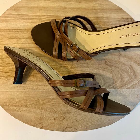 Nine West Vintage Y2K Brown Genuine Leather Strappy Buckle Open Toe Size 10 - Picture 1 of 9